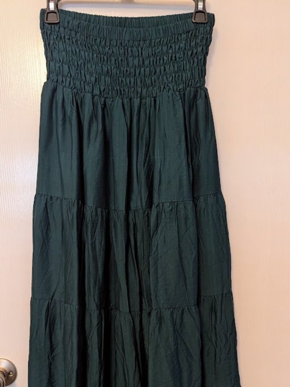 Dark green tiered maxi skirt with wide waistband